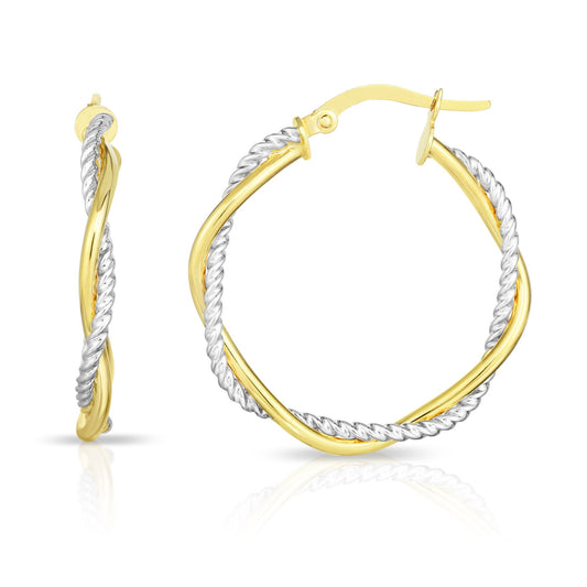 14K Gold Yellow & Round Twist & Polished Hoop Earring