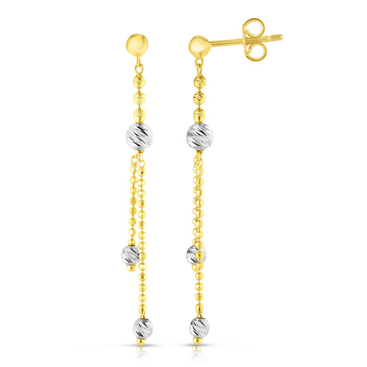 14K White and Yellow Gold Diamond Cut Bead Station Drop Earring