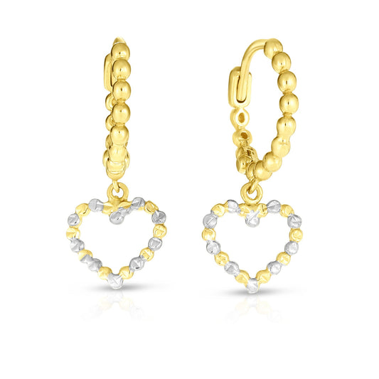 14K White and Yellow Gold Beaded Dangle Heart Drop Earring