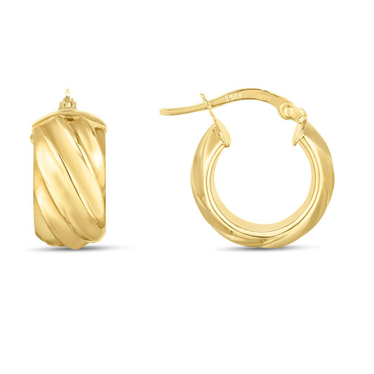 14K Gold Wide Ribbed Hoop Earrings with Hinged Clasp