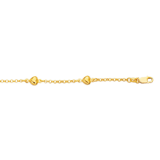 14K Gold Polished Heart Station Bracelet