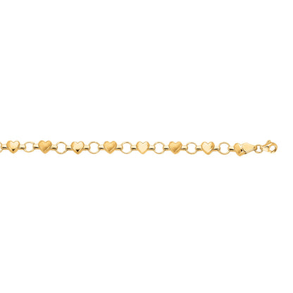 14K Gold Polished Heart & Satin Heart Alternating Bracelet