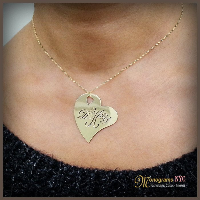 Gold Three Initial Monogram Heart Necklace,Custom initial necklace,Three initial necklace,Gold initial necklace,Customized initial pendant - Elegant Creations NYC