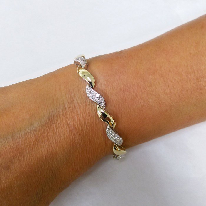 1.40 ctw. Diamond wave Bracelet 14k White and Yellow Gold 2 Tone  7" inch - Diamond Swirl - - Elegant Creations NYC