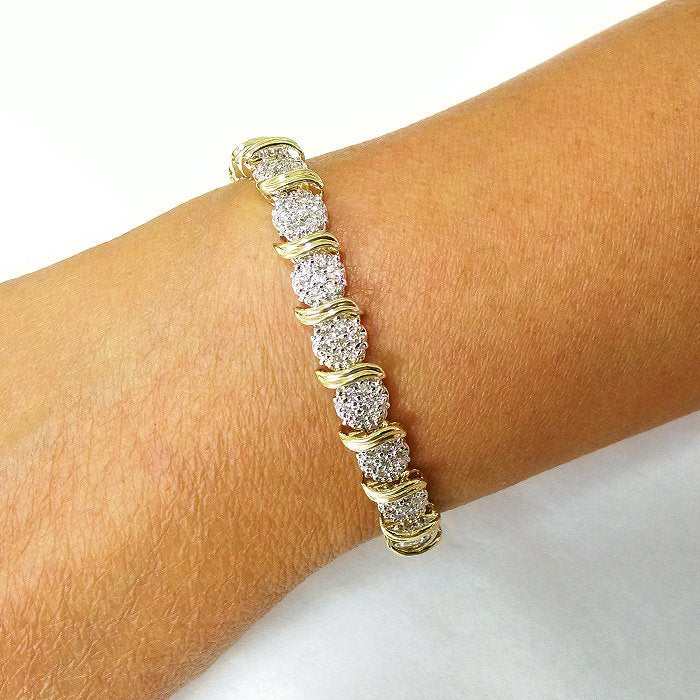 2.45 ctw. Diamond Cluster wave Bracelet 14k White and Yellow Gold 2 Tone  7" inch - Diamond Swirl - S Tennis Bracelet - Elegant Creations NYC