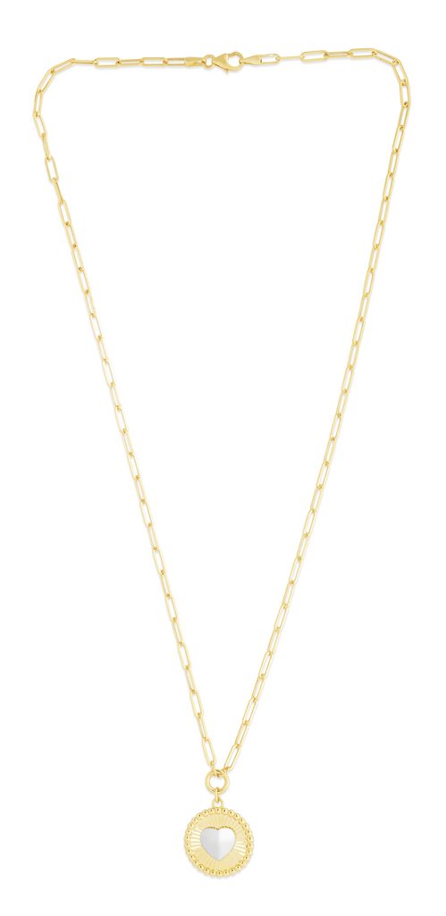 14K Gold Heart Two-tone Medallion Necklace on Paperclip Chain with Lobster Clasp