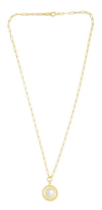 14K Gold Heart Two-tone Medallion Necklace on Paperclip Chain with Lobster Clasp