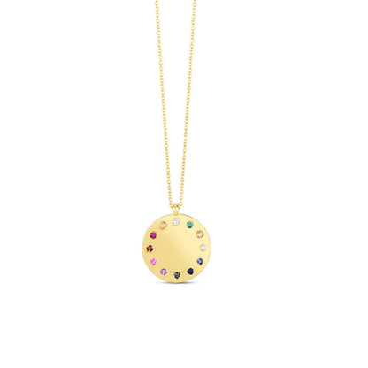 14K Gold and Gemstone Inlay Rainbow Dial Disc Medallion Necklace