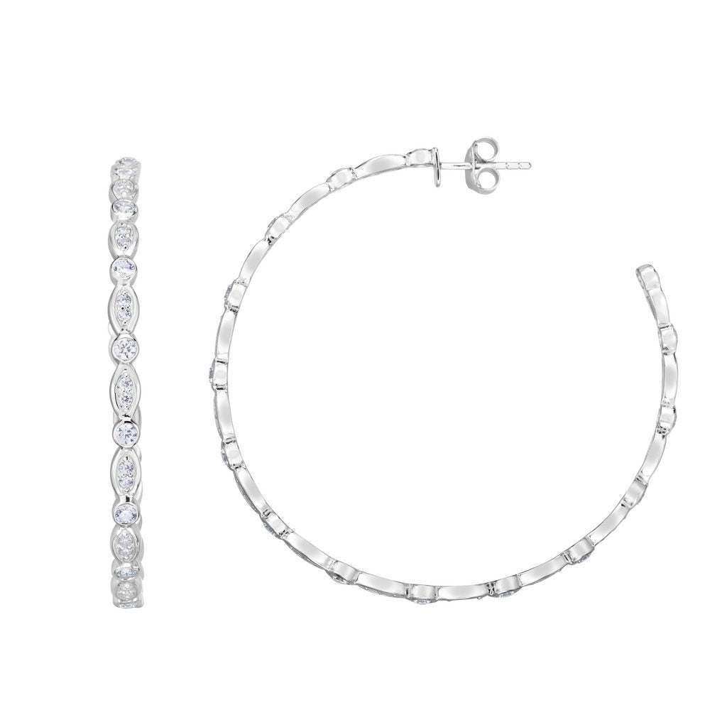 Sterling Silver 50x3mm Marquise & Round CZ C Hoop Earring with Push Back Clasp