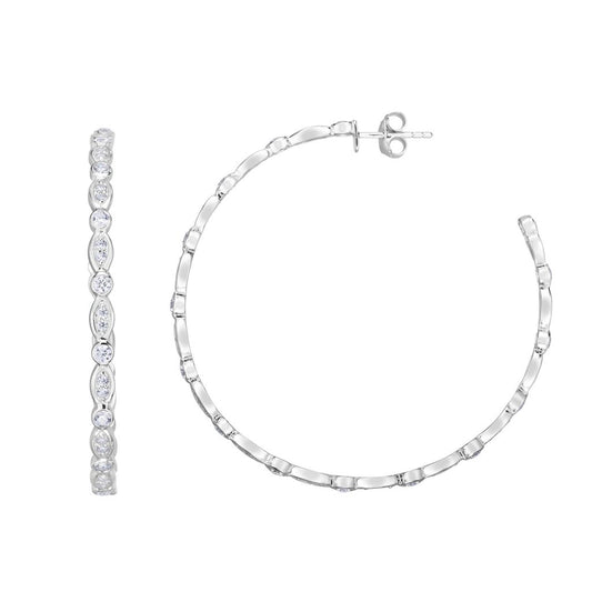 Sterling Silver 50x3mm Marquise & Round CZ C Hoop Earring with Push Back Clasp