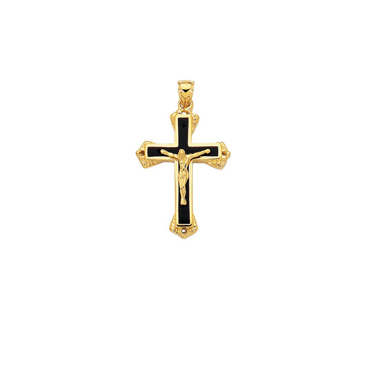 14K Yellow Gold Black Enamel Crucifix Cross