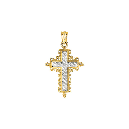 14K Yellow & White Gold Small Diamond Cut Cross