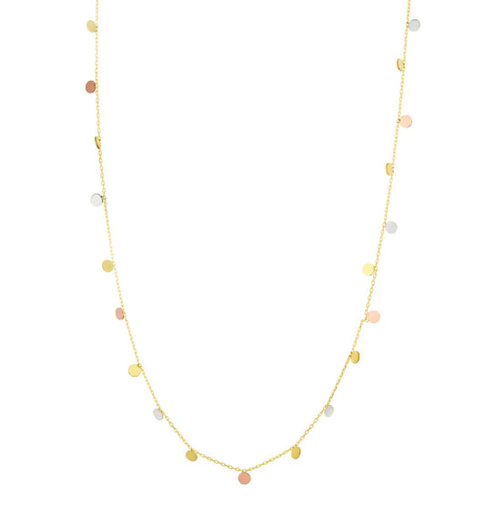 14K Tricolor Dangling Discs Necklace with Spring Ring Clasp