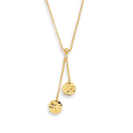 14K Gold Double Hammered Disc Lariat Necklace