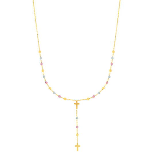 14K Tri-color Gold Drop Cross Rosary Inspired Necklace