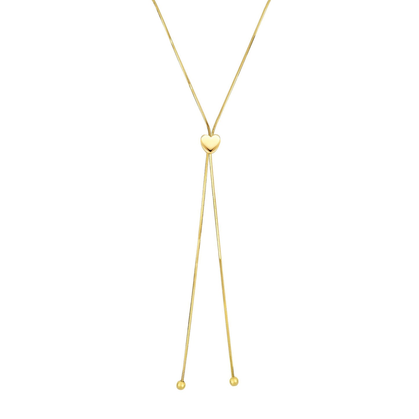 14K Gold Snake Chain Lariat with Heart Slide Friendship Necklace