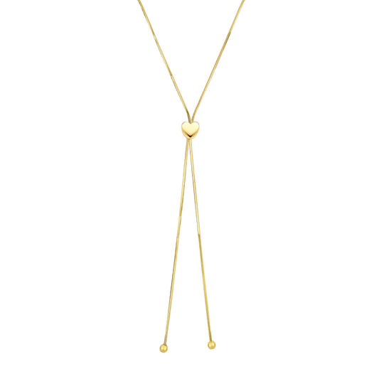 14K Gold Snake Chain Lariat with Heart Slide Friendship Necklace