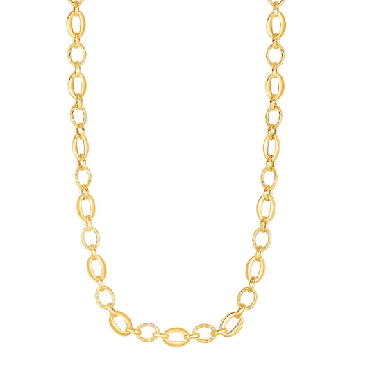 14K Gold Polished Oval & Diamond Cut Link Necklace