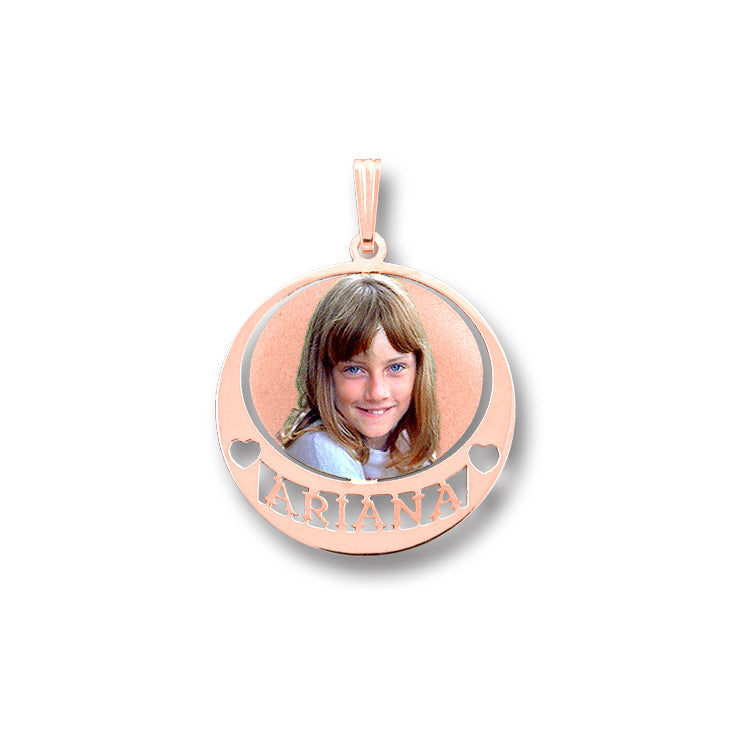 14K Gold Picture Pendant - Round Shape with Heart Punch-Out and Name Cut-Out for Personalized Photo Charm