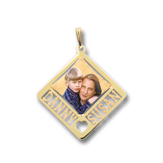 14K Gold Personalized Picture Pendant - Rectangle Shape with Heart Punch-Out and Two Names