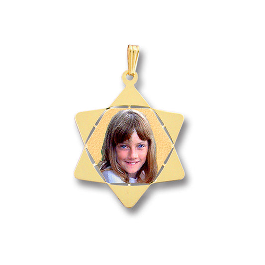 Personalized 14K Gold Picture Pendant - Star of David with Hexagon Cut-Out Shape