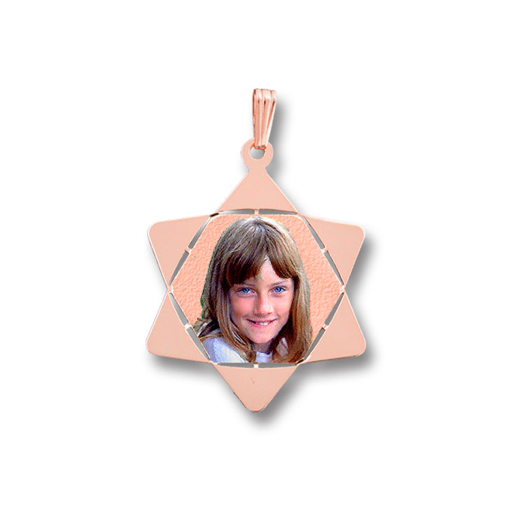 Personalized 14K Gold Picture Pendant - Star of David with Hexagon Cut-Out Shape