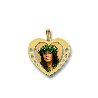 14K Gold Heart Shaped Picture Pendant with Hearts on Each Side