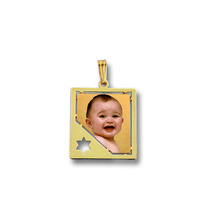 Personalized Picture Pendant - 14K Gold Rectangle Shape with Star of David Punch Out and HD Laser Printed Custom Jewelry with Your Pictures