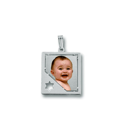 Personalized Picture Pendant - 14K Gold Rectangle Shape with Star of David Punch Out and HD Laser Printed Custom Jewelry with Your Pictures