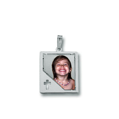 Customizable Picture Pendant - 14K Gold Rectangle Shape with Cross Punch Out for Personalized Photo Charm