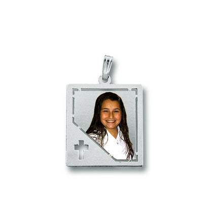 Customizable Picture Pendant - Rectangle Shape with Cross Punch Out for Personalized Photo Charm | Sterling Silver