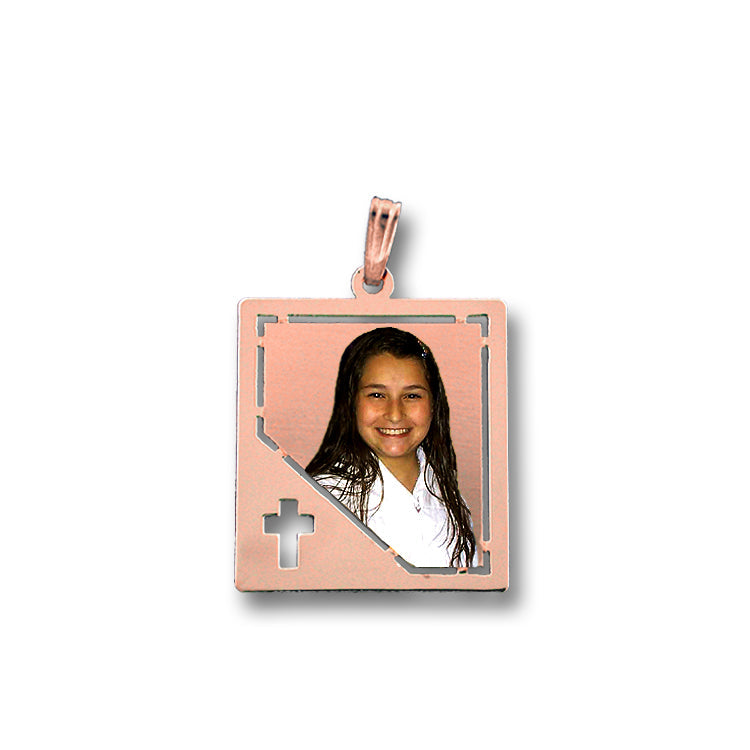 Customizable Picture Pendant - 14K Gold Rectangle Shape with Cross Punch Out for Personalized Photo Charm