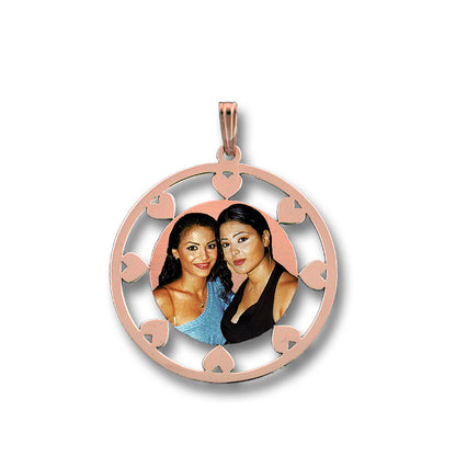 Customizable Picture Pendant - Circle Shape with Hearts Cut Out for Personalized Photo Charm and HD Laser Printed Custom Jewelry | Sterling Silver