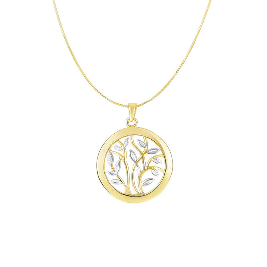 Two Tone 14K Yellow & Gold Tree of Life Polished Circle Pendant Charm Necklace