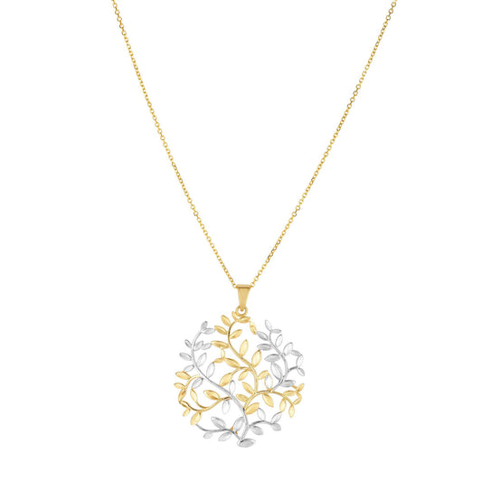 Two Tone 14K Gold & Gold Tree of Life Pendant Charm Necklace