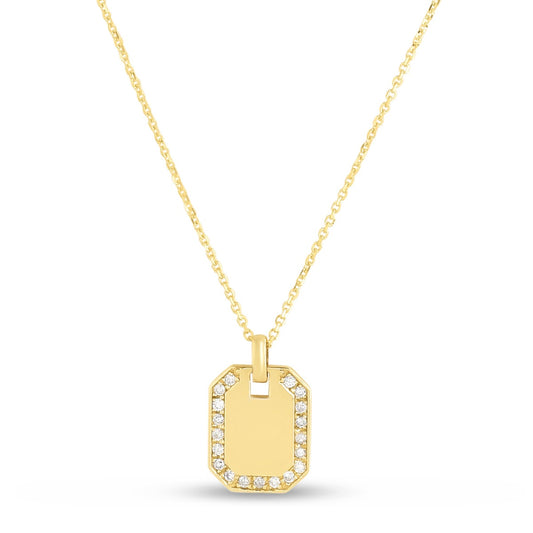 14K Gold and Diamonds Yellow Polished Cut Corners Rectangle Pendant Chain Necklace with Lobster Clasp