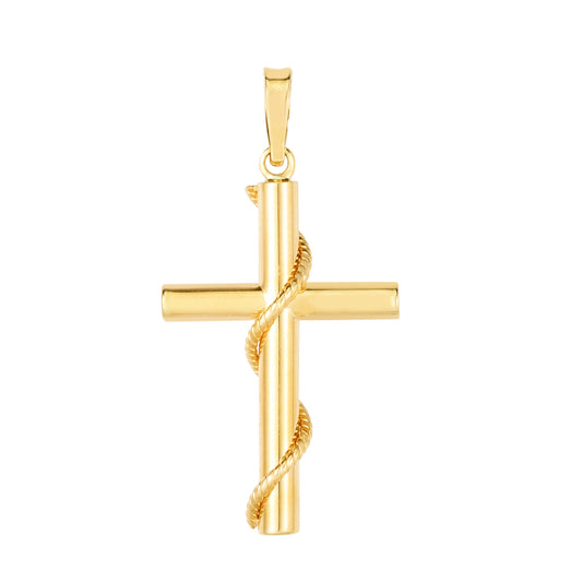 14K Yellow Gold Tube Cross with Rope Detail