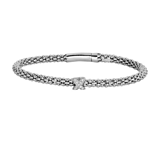 Sterling Silver with 0.09ct.Diamond Cluster "X" Element with Box Clasp Popcorn Bangle