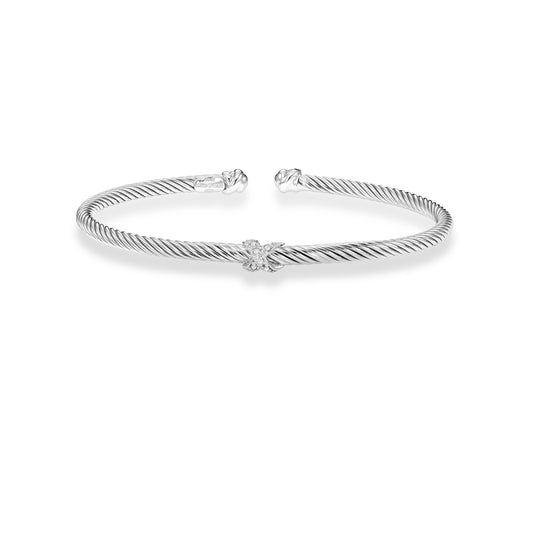 Sterling Silver with Textured Cuff X Bangle with 0.03ct White Diamond