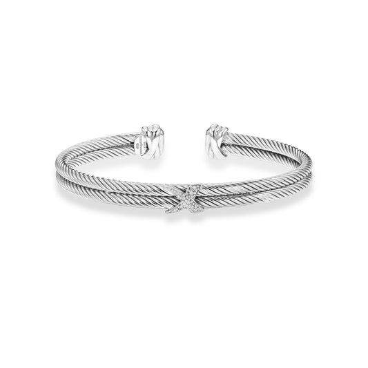 Sterling Silver with Textured Double Strand Cuff X Bangle with 0.04ct White Diamond