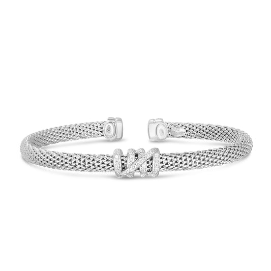 Sterling Silver Cuff Stationed Bangle with White Diamond