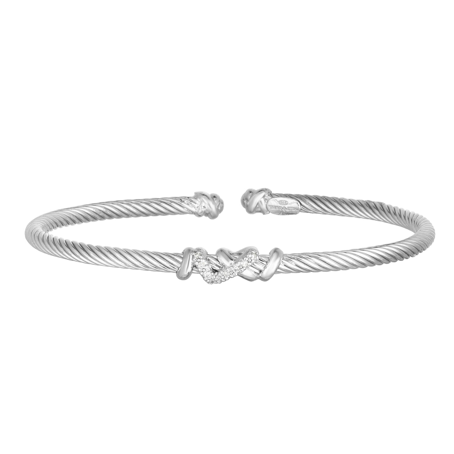 Sterling Silver with 5.5mm Polished Single Strand Cuff Italian Cable Bangle with 0.05ct White Diamond