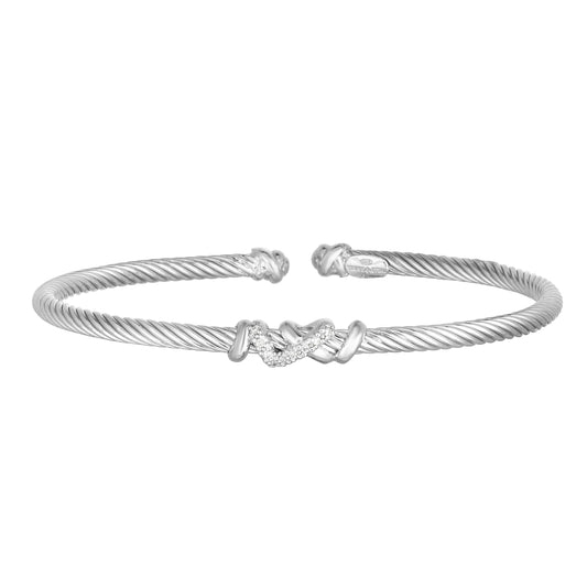 Sterling Silver with 5.5mm Polished Single Strand Cuff Italian Cable Bangle with 0.05ct White Diamond