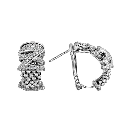 Silver with Rhodium Finish 18X5mm Popcorn Textured Half Moon Post Earring with 0.15Ct.Diamond with Omega Clasp