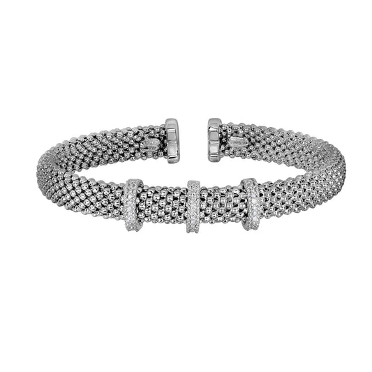 Bar Stations with Diamonds in Sterling Silver with Popcorn Textured Cuff Bangle