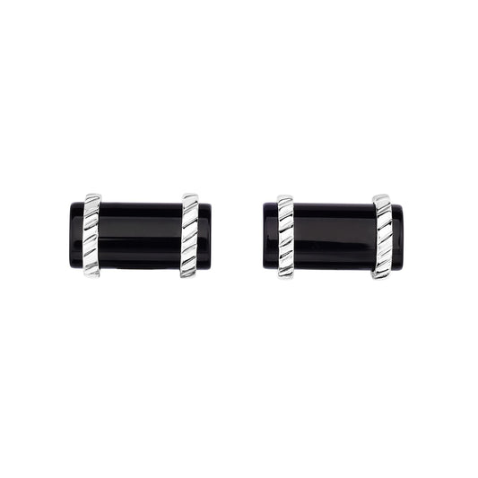 Sterling Silver 25Ct. Black Onyx Cylinder Shape Cufflinks Accented with Italian Cable