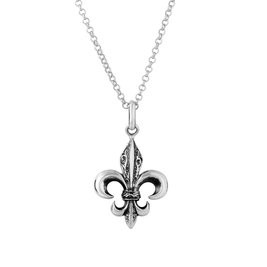 Sterling Silver Fleur Di Lis Pendant Charm On Sterling Silver Rolo Chain with Lobster Clasp