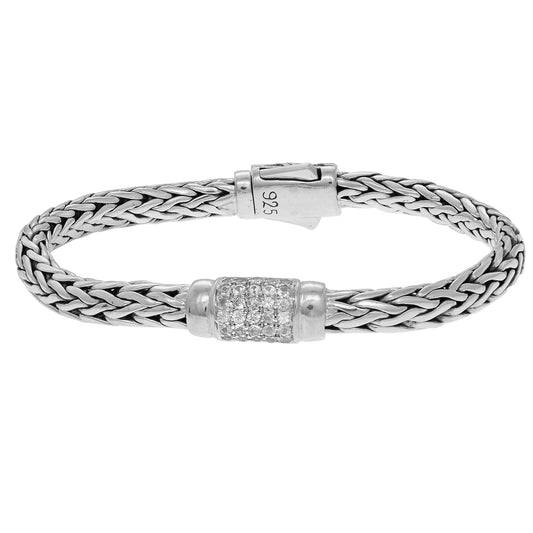 Sterling Silver Oval Weave Bracelet with Center Featured Precious/Semi-Precious Stones