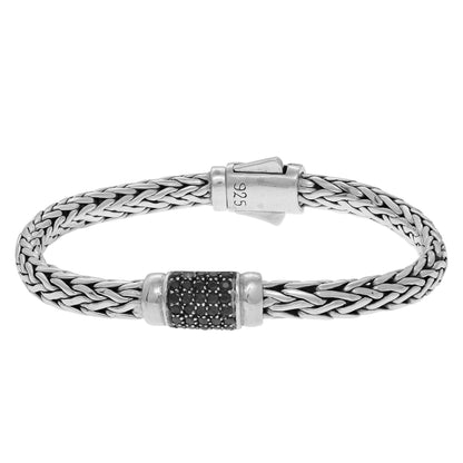 Sterling Silver Oval Weave Bracelet with Center Featured Precious/Semi-Precious Stones