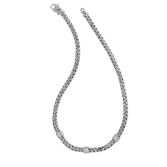 Sterling Silver Woven White Sapphire Three Station Necklace